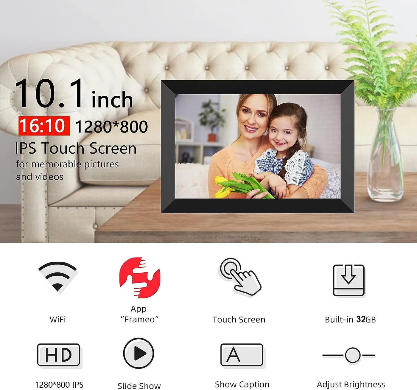 Frameo 10.1" Smart WiFi Digital Photo Frame, 32GB/64GB, 1280x800 IPS HD Touch Screen, Wall Mountable