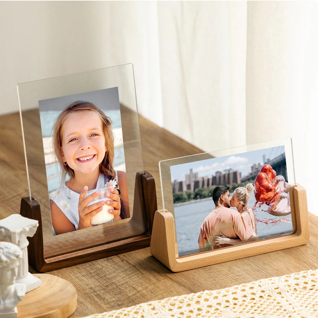 Walnut/Beech U-Shape Acrylic Photo Frame Set, 10x15/13x18/15x20/20x25cm, Desktop Decor