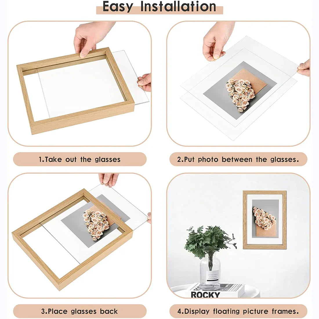 Wooden Double-Sided Glass Photo Frame, Table Display, Pressed Flower & Plant Specimen Holder